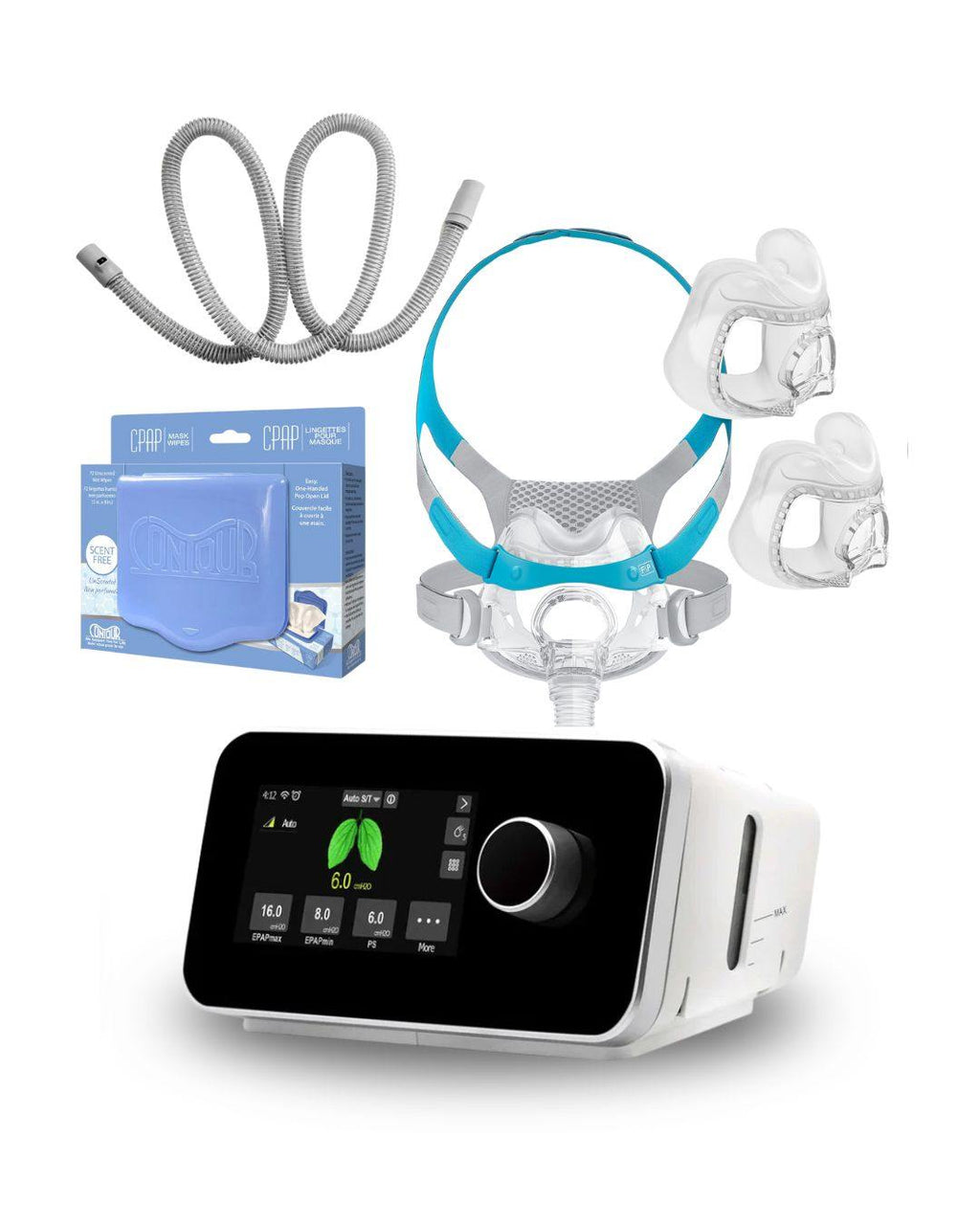 ResVent iBreeze2.0 APAP machine with F&P Evora Full Face Mask, heated tubing, filters, and unscented mask wipes bundle