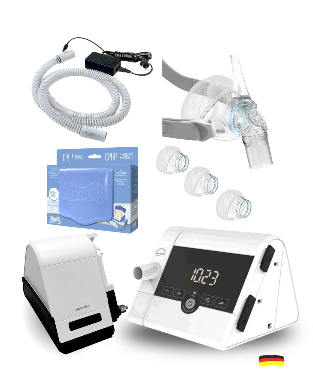 Lowenstein Prisma CPAP Bundle (F&P ESON 2 Nasal Mask Fit Pack | Unscented Mask Wipes | Heated Tubing | 12 Pollen Filters)