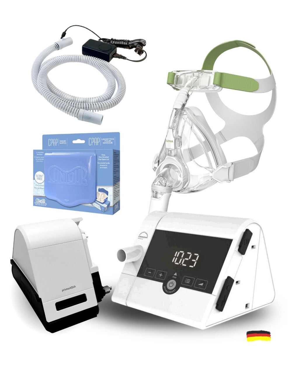 Lowenstein Prisma CPAP Bundle (LENA Full Face Mask | Unscented Mask Wipes | Heated Tubing | 12 Pollen Filters)