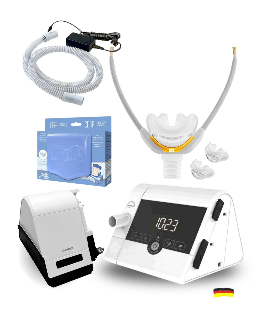 Lowenstein Prisma CPAP Bundle (F&P SOLO Pillows Fit Pack | Unscented Mask Wipes | Heated Tubing | 12 Pollen Filters)