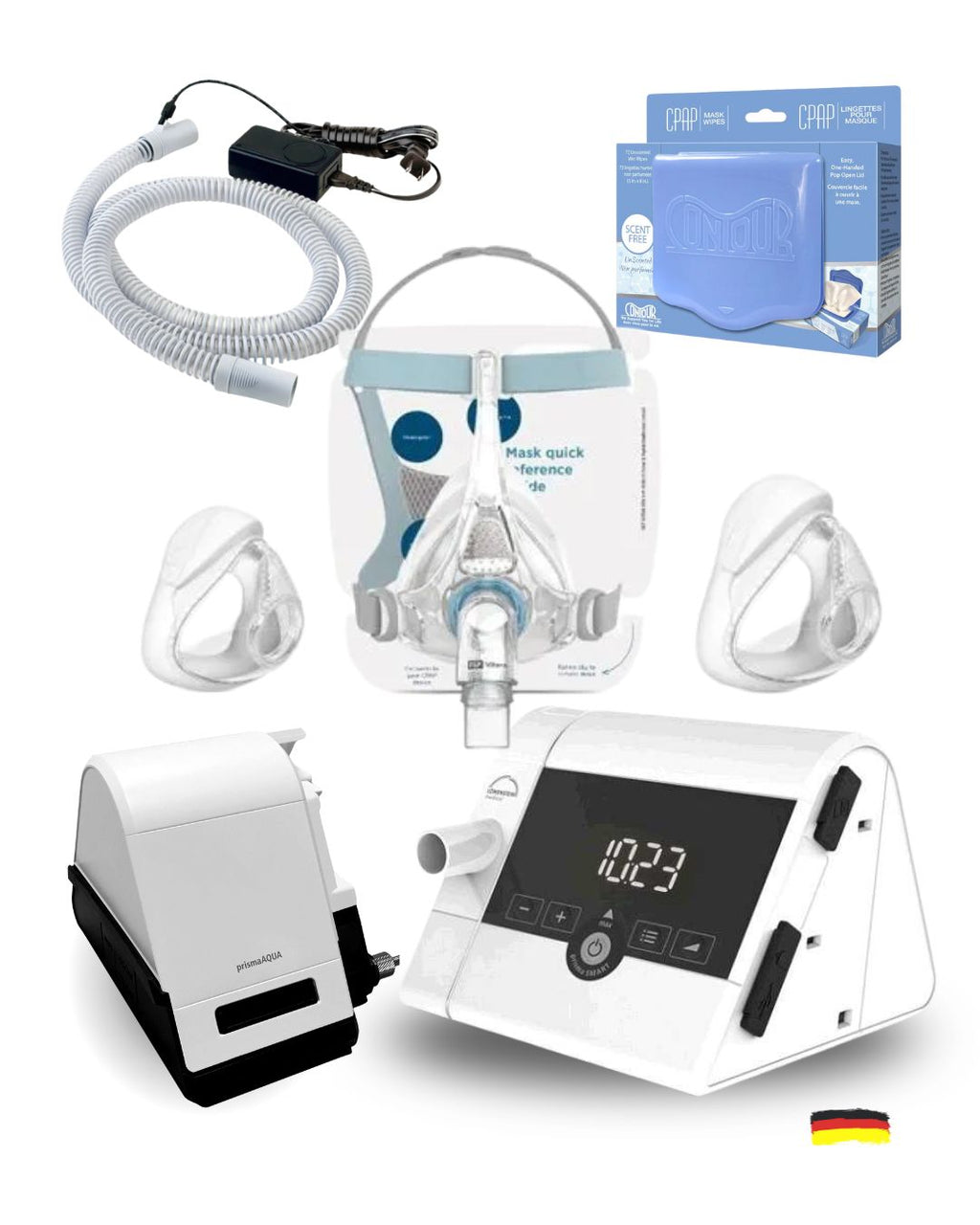 Lowenstein Prisma CPAP Bundle (F&P Vitera Full Face Mask Fit Pack | Unscented Mask Wipes | Heated Tubing | 12 Pollen Filters)