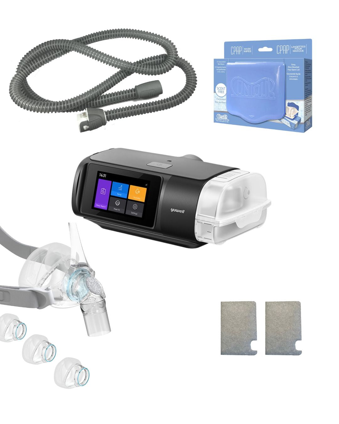 Yuwell BreathCare 3 APAP Bundle (F&P ESON 2 Nasal Fit pack Mask | Unscented Mask Wipes | Heated Tubing | 6 Filters)