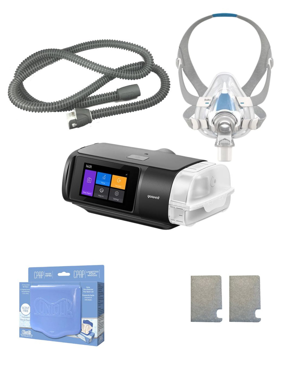 Yuwell BreathCare 3 APAP Bundle (ResMed AirFit F20 Full Face mask | Unscented Mask Wipes | Heated Tubing | 6 Filters)