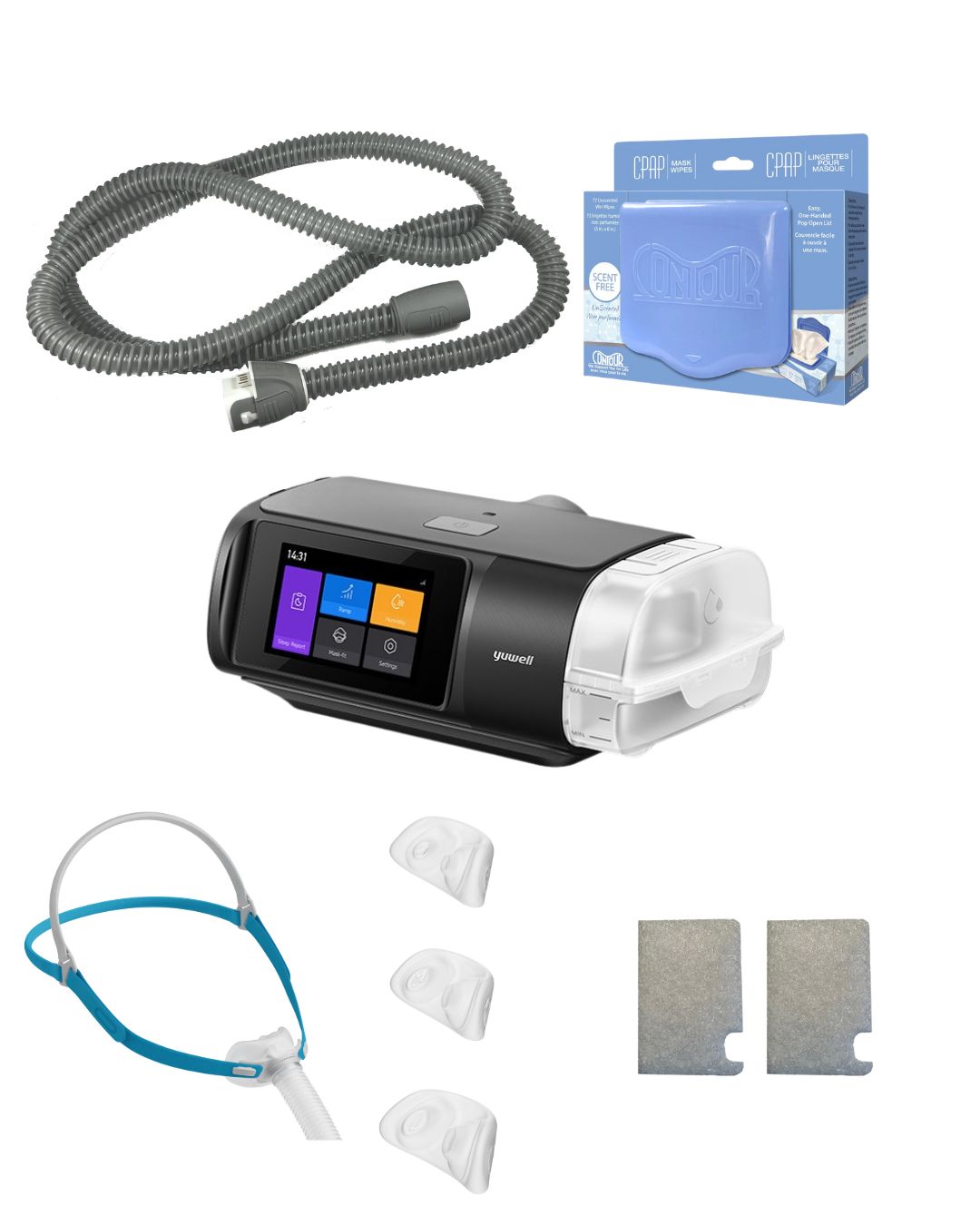 Yuwell BreathCare 3 CPAP Bundle (F&P NOVA Nasal Pillows Fit Pack | Unscented Mask Wipes | Heated Tubing | 6 Pollen Filters)
