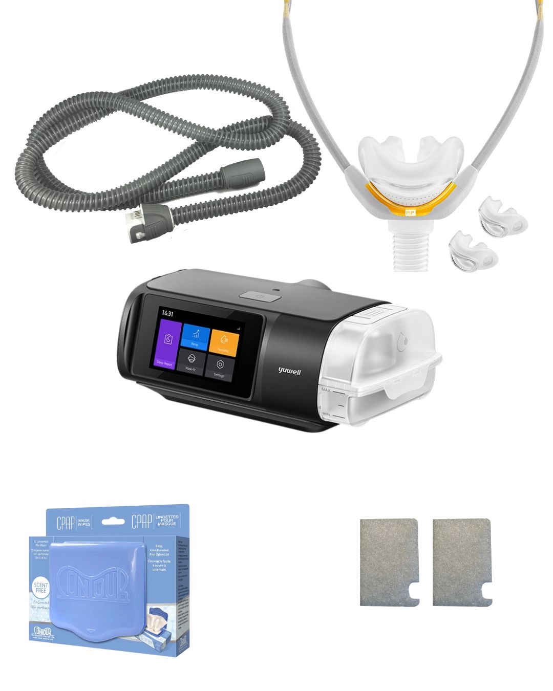 Yuwell BreathCare 3 APAP Bundle (F&P SOLO Pillows Mask | Unscented Mask Wipes | Heated Tubing | 6 Filters)